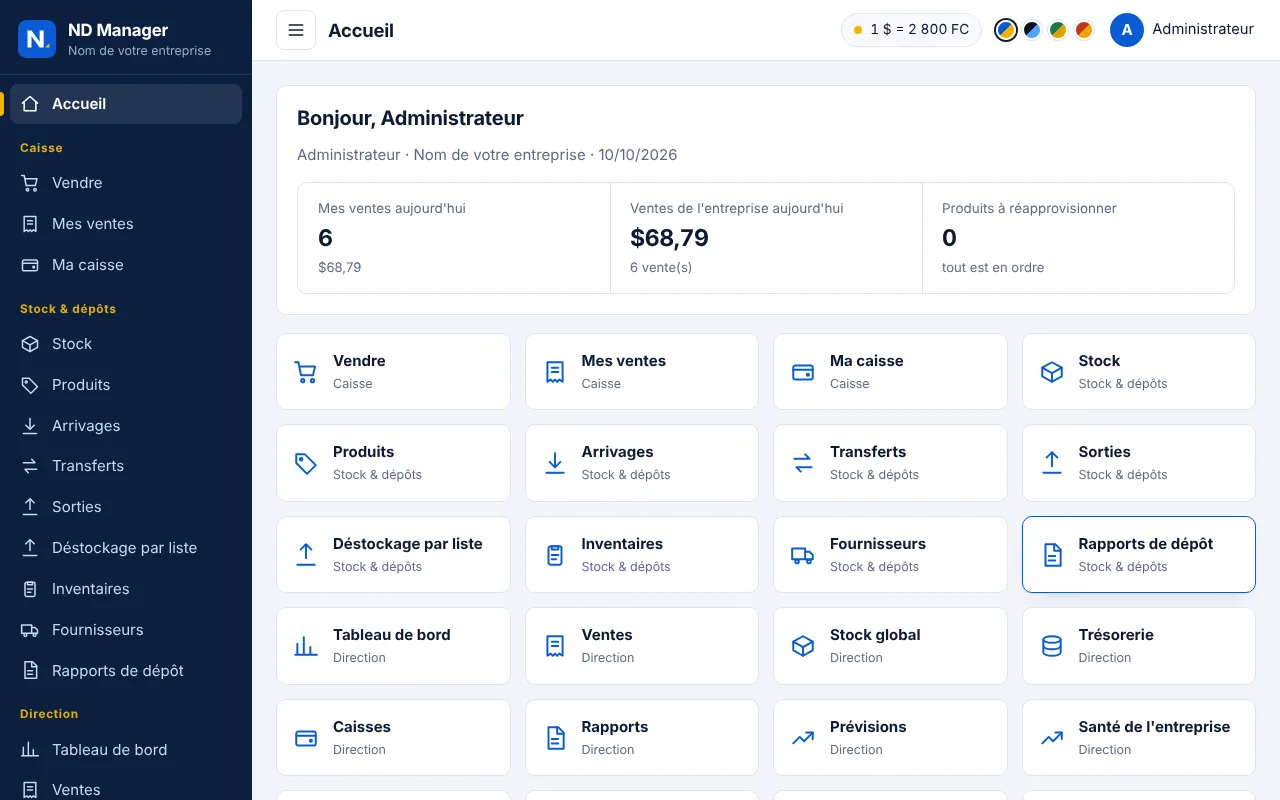 Accueil de ND Manager avec les raccourcis vers la vente, le stock et la Direction