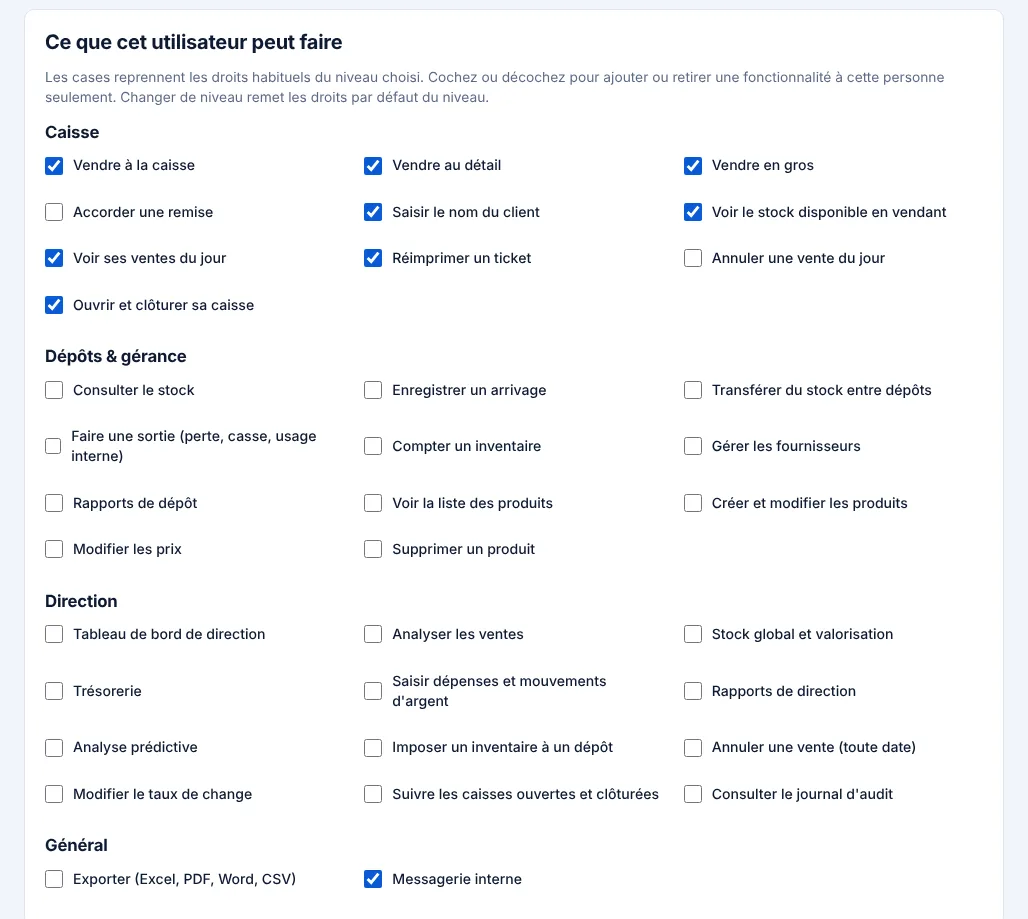 Droits à cocher pour chaque utilisateur
