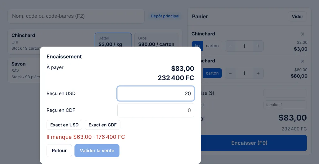 Fenêtre d'encaissement en dollars et en francs