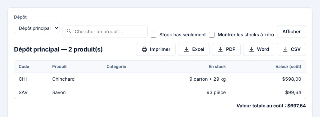 Stock du dépôt, affiché en cartons et en kilos