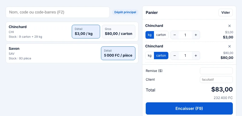 Écran de vente : produits à gauche, panier à droite